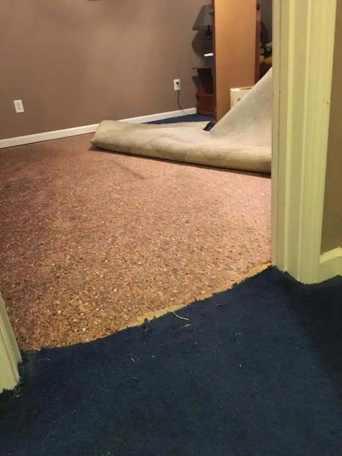 Carpet pad removal revealing water damage during Water Mitigation Services in Terrell Hills